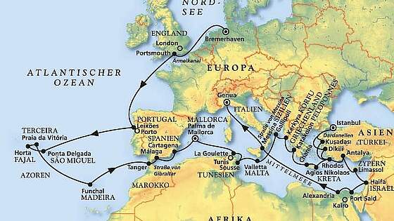 Routenkarte MS Artania: Die große Herbstreise