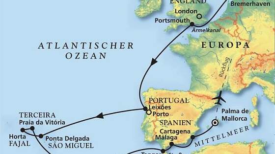 Routenkarte MS Artania: Portugals Inseln & Mittelmeer