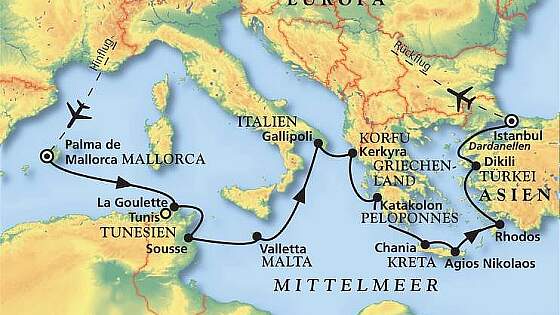 Routenkarte MS Artania: Mittelmeer und Inselvielfalt