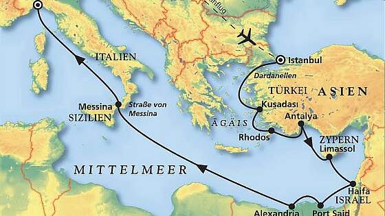 Routenkarte MS Artania: Östliches Mittelmeer