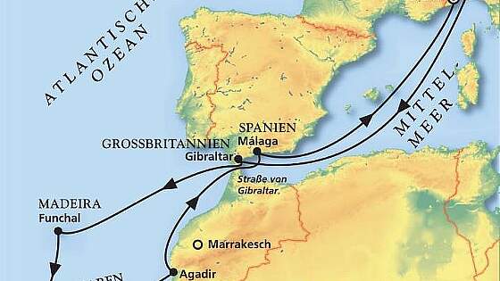 Routenkarte MS Artania: Zu sonnigen Inseln im Atlantik