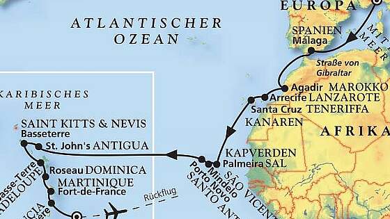 Routenkarte MS Artania: Von Ligurien in die Karibik