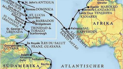 Routenkarte MS Artania: Kanaren, Kapverden & Karibik