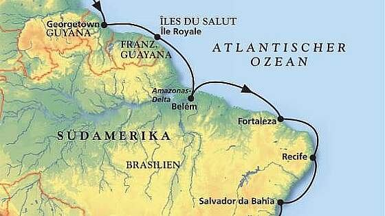 Routenkarte MS Artania: Von Barbados zur Copacabana