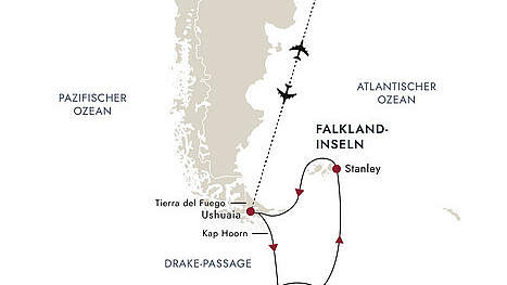 Routenkarte MS Roald Amundsen: Antarktis & Falkland