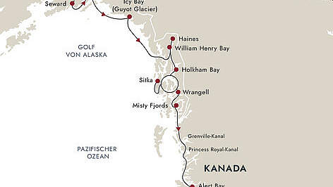 Routenkarte MS Roald Amundsen: Alaska Kurs Süd