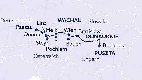 Routenkarte MS Celina: Donau Klassiker bis Budapest