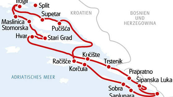 Routenkarte MS Aneta Radkreuzfahrt Kroatien