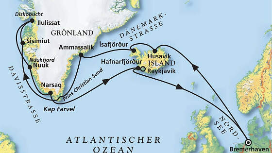 Route MS Amadea: Grönland-Abenteuer mit Sonnenfinsternis