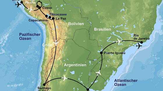 Routenkarte Rundreise: Höhepunkte Südamerikas