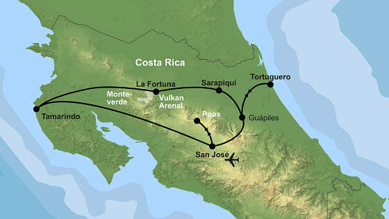 Routenkarte Costa Rica Rundreise