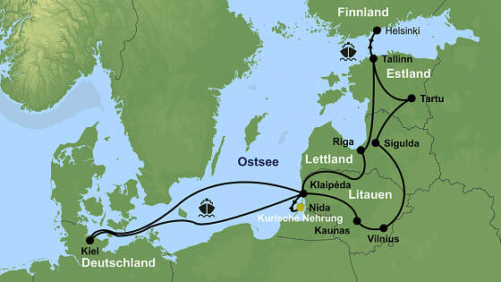 Routenkarte Baltikum Rundreise mit DFDS Seaways