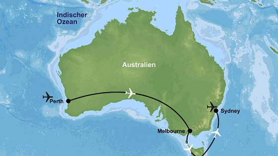 Routenkarte Australien & Tasmanien Rundreise