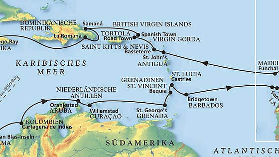 Route MS Artania Karibik: Die große Herbstkreuzfahrt