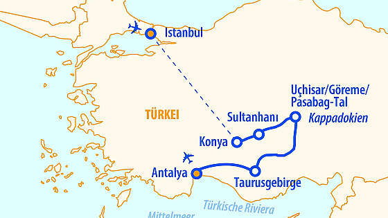 Route Türkei Rundreise: Istanbul, Kappadokien & Antalya
