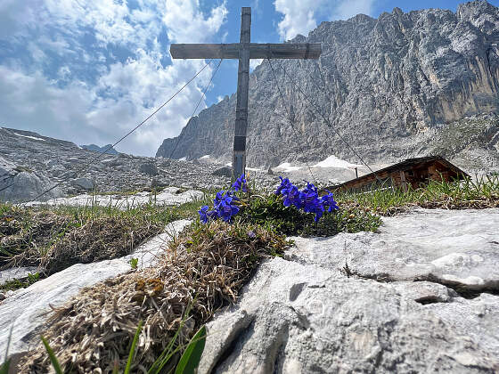 Wanderreise Tirolerweg: Gipfelkreuz mit Enzian