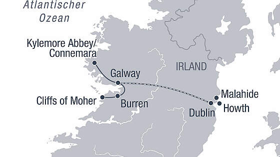 Routenkarte Irland mit dem Zug