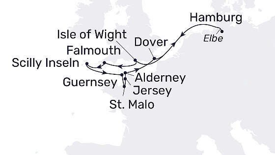 Route MS hamburg: Kanalinseln mit Frankreich und England