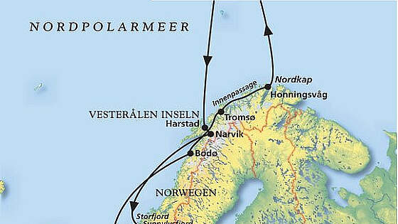 Routenkarte MS Amera: Norwegen mit Spitzbergen