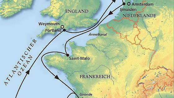 Routenkarte MS Amera: An Pfingsten zur Atlantikküste