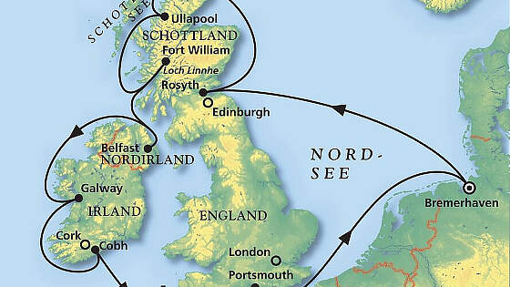 Routenkarte MS Amera: Sommertörn rund um die Britischen Inseln