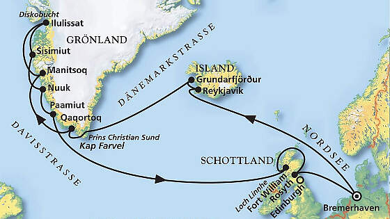 Routenkarte MS Amera: Grönland und das Military Tattoo