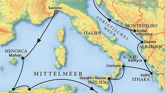 Reiseroute MS Amera: Traumziele im Mare Mediterraneum