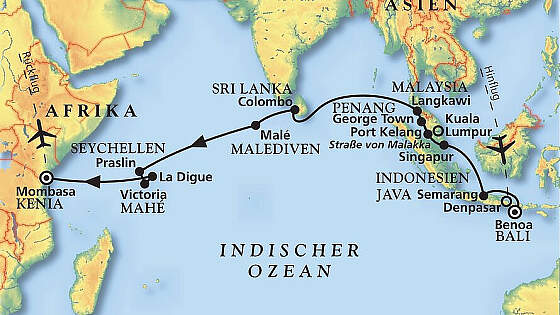 Reiseroute MS Artania: Von Bali bis Ostafrika