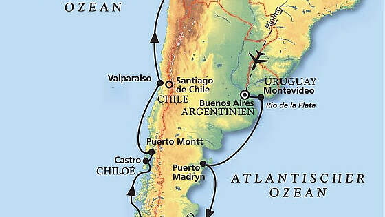 Routenkarte MS Amera: Einmal ums Kap Hoorn