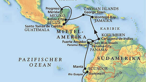 Routenkarte MS Amera: Panama & Karibik