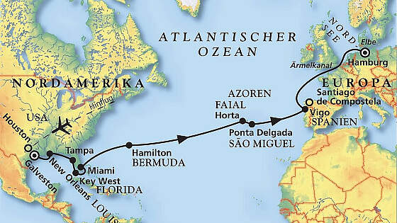 Routenkarte MS Amera: Sunshine State & Azoren