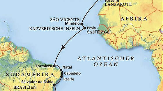 Routenkarte MS Amera: Auf nach Brasilien und Argentinien