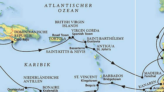 Routenkarte MS Amadea: Große Karibik Herbstreise