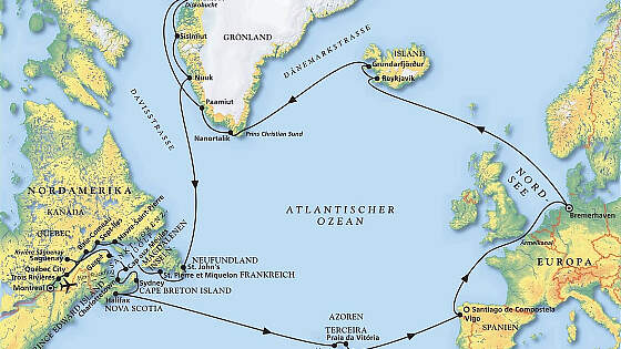 Route MS Amadea: Große Grönland-Kanada-Reise