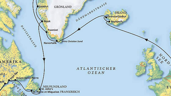 Route MS Amadea: Über Grönland nach Montreal
