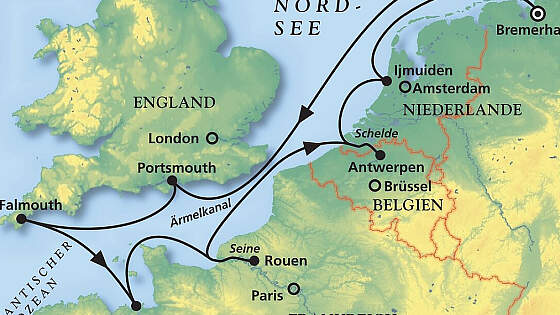 Routenkarte MS Amadea: Westeuropas Highlights