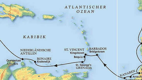 Route MS Amadea: Von Bremerhaven bis Jamaika