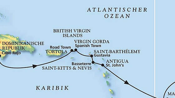 Routenkarte MS Amadea: Von Jamaika bis Hamburg