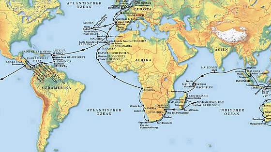 Routenkarte Weltreise MS Amadea: Um die Welt in 188 Tagen