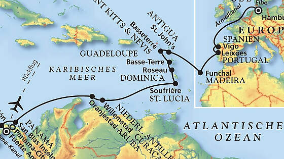 Routenkarte MS Amadea: Karibik und Panama