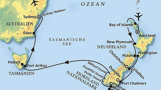 Routenkarte MS Amadea: Große Neuseeland-Reise