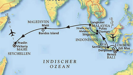 Routenkarte MS Amadea: Inseln zwischen Bali & Seychellen