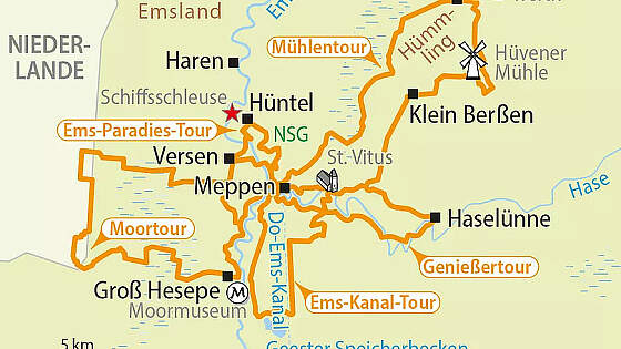 Routenkarte Radreise Emsland Sternradtour
