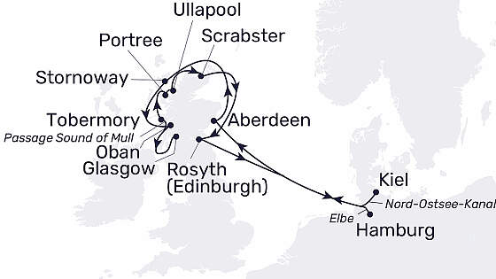 Routenkarte MS Hamburg: Whisky, Dudelsack & Nessie