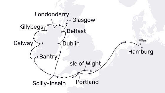 Routenkarte MS Hamburg: Rund um Irland