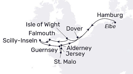 Reiseroute MS Hamburg: Kanalinseln im Sommer