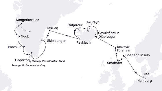 Routenkarte MS Hamburg: Faszination Arktis