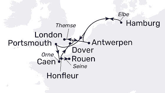 Routenkarte MS Hamburg:  Themse, Seine und Me(h)r 