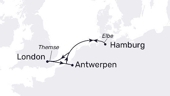 Routenkarte MS Hamburg: London Christmas Shopping