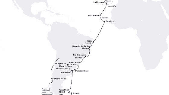 Routenkarte MS Hamburg: Antarktis und Chilenische Fjorde
